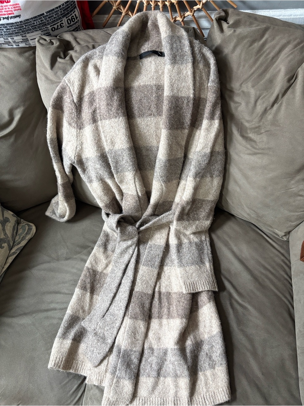 Jenni Kayne Plaid Shawl-Collar Belted Cardigan - Cream & Taupe